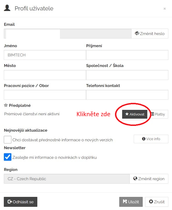 Profil - Aktivovat PRO